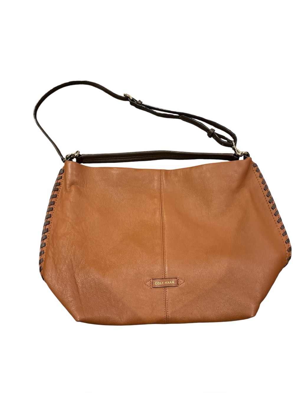 Cole Haan Tan Leather Hobo Shoulder Bag with dark brown stitching on sides - Picture 2 of 9